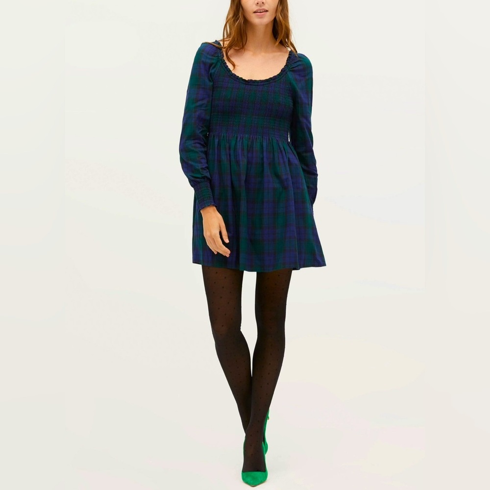 Hill House Plaid Long Sleeve Dress in Blue and Green